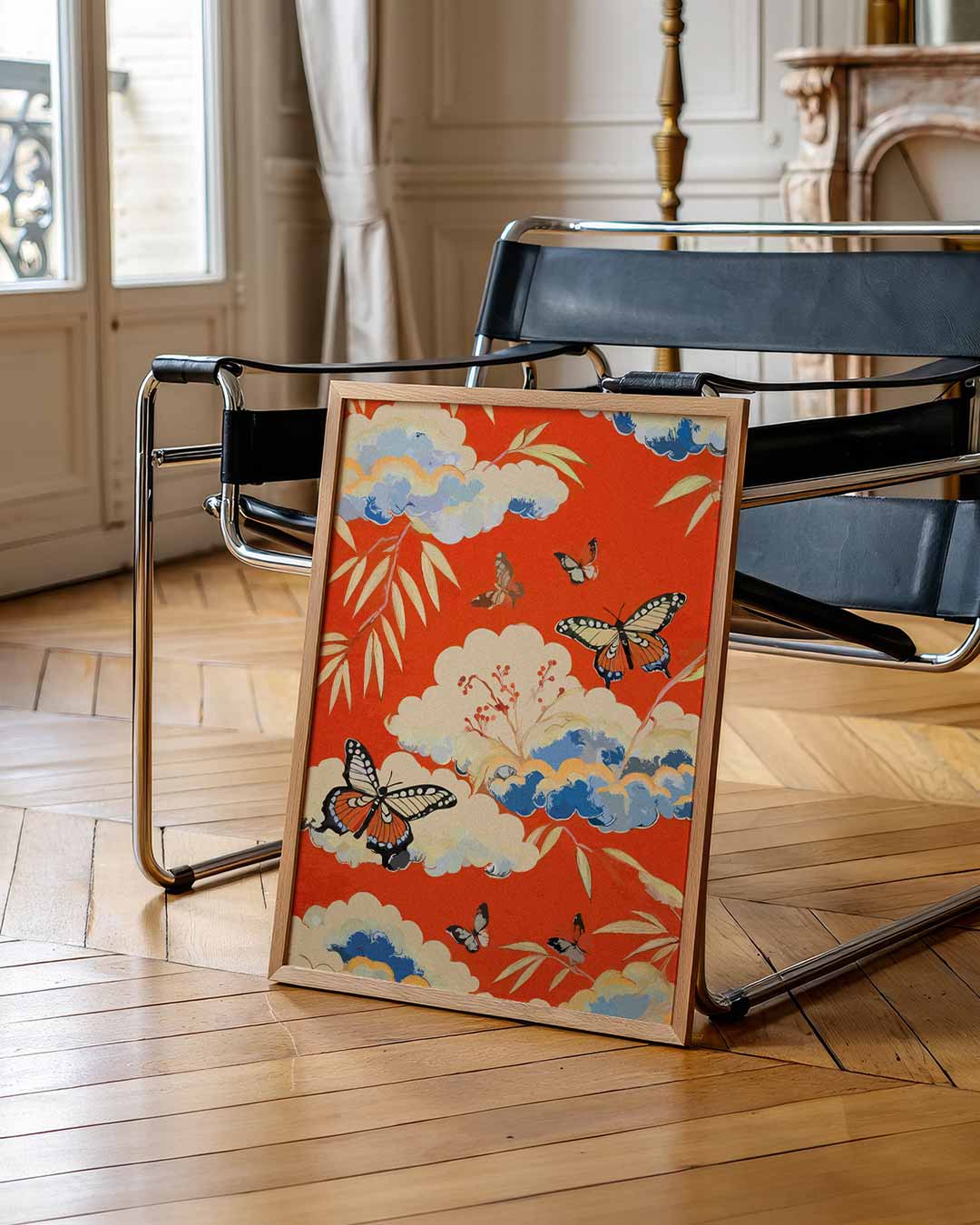 Vlinders en Wolken Op Rode Poster-WallArtistic