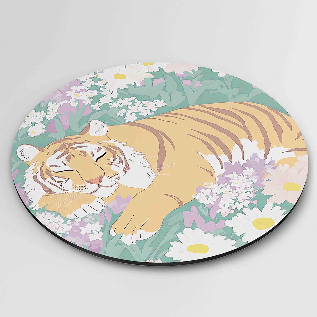 Slapende tijger in bloemen Muurcirkel