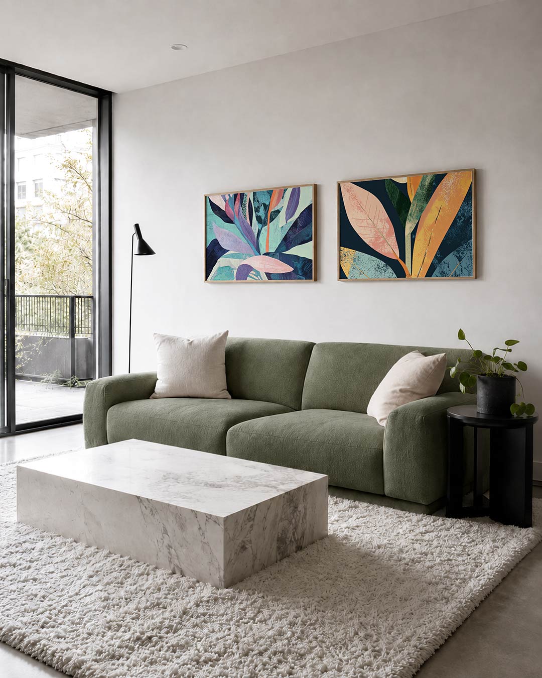 Twee liggende posters met vloeiende vormen en levendige kleurvlakken, aan de muur in een interieur
