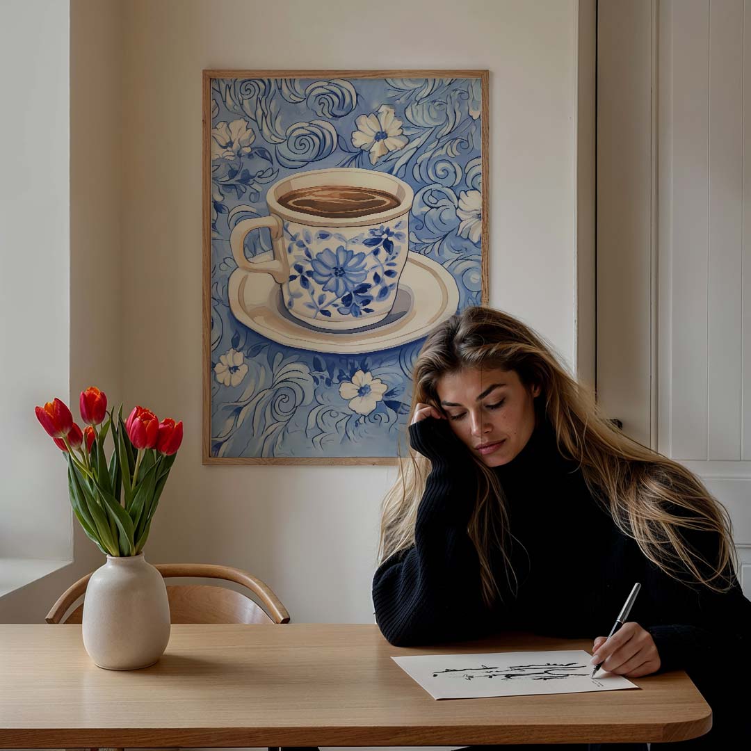 Blauwe Bloemen Koffiemok Poster-WallArtistic