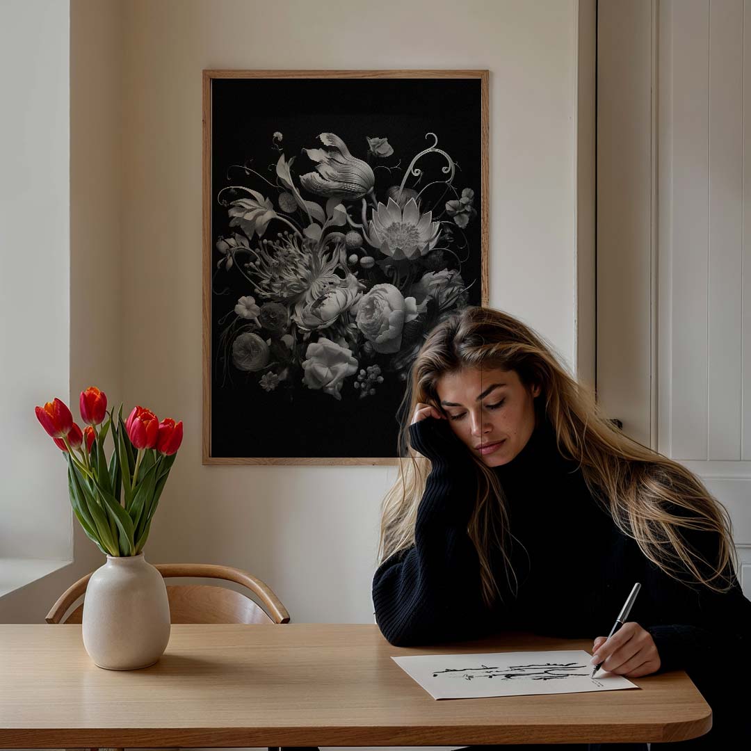Elegante Zwart-Witte Bloemenposter-WallArtistic