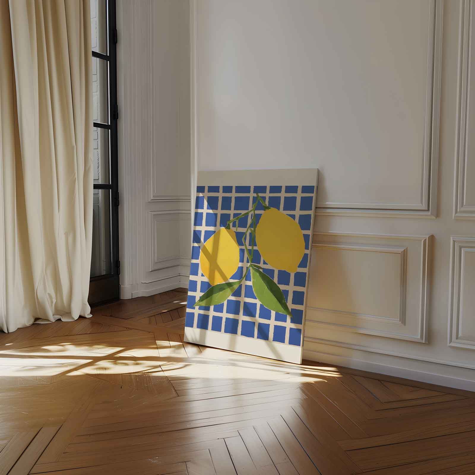 Citroenen op Blauw Geruit Kunstwerk-canvas-dibond-plexiglas-wanddecoratie-WallArtistic