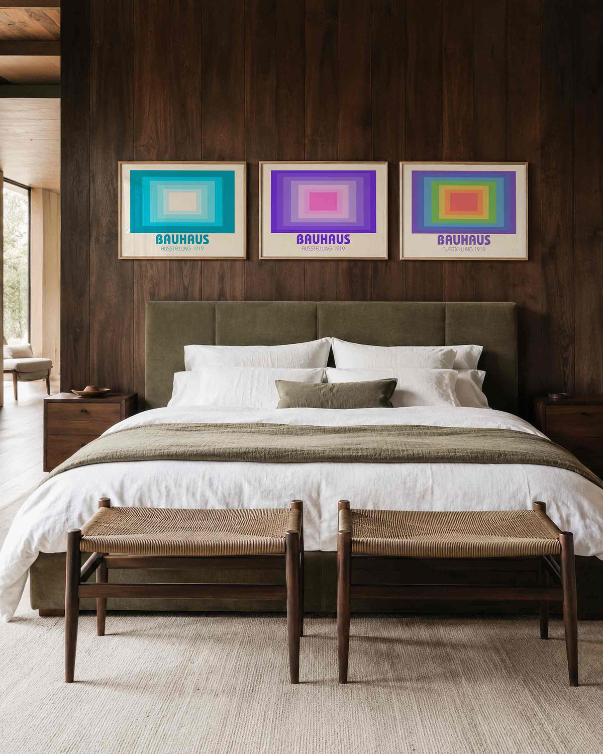 Interieurmockup van drieluik landscape-posterset met gekleurde rechthoeklagen