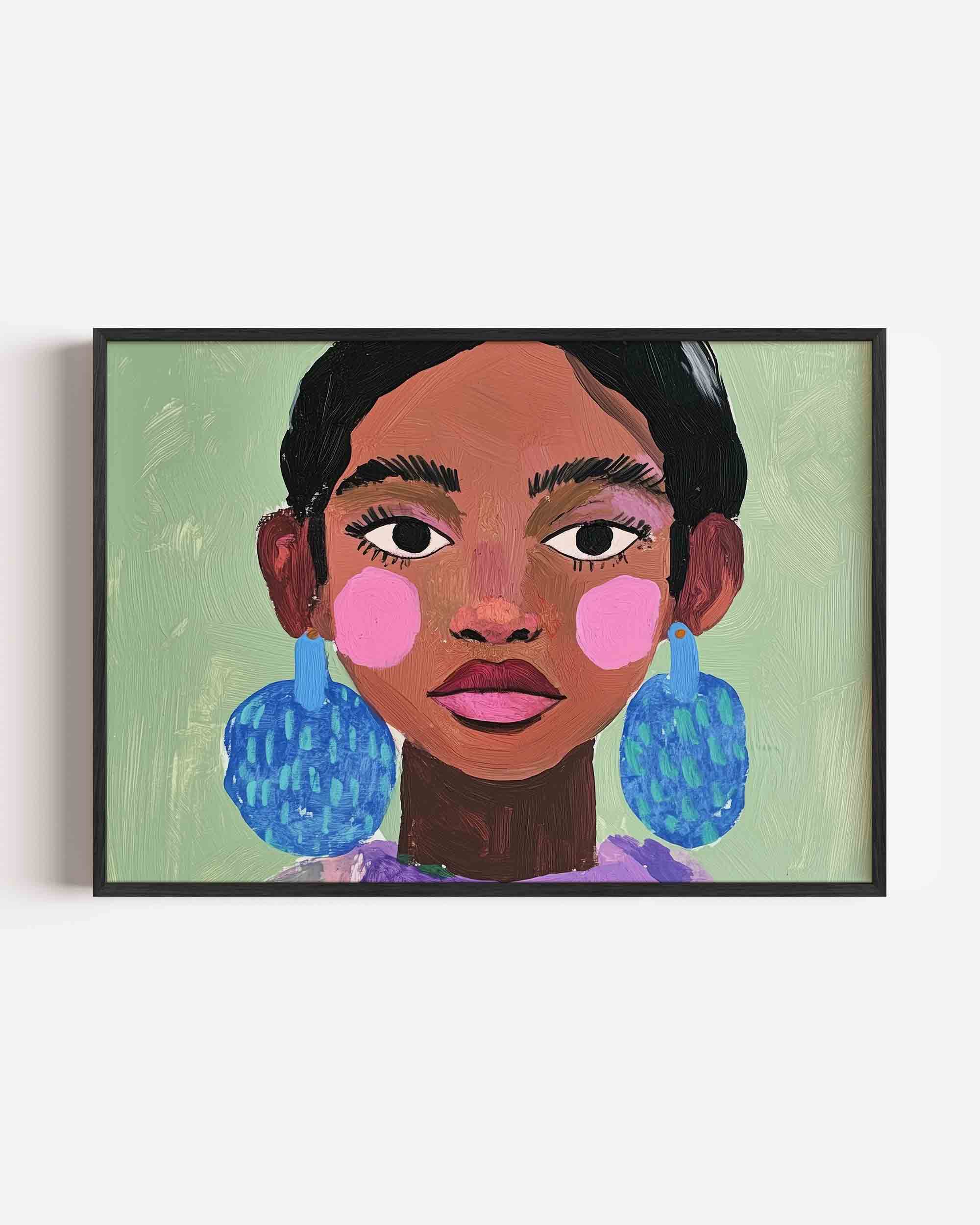 Portret met blauwe oorbellen Poster