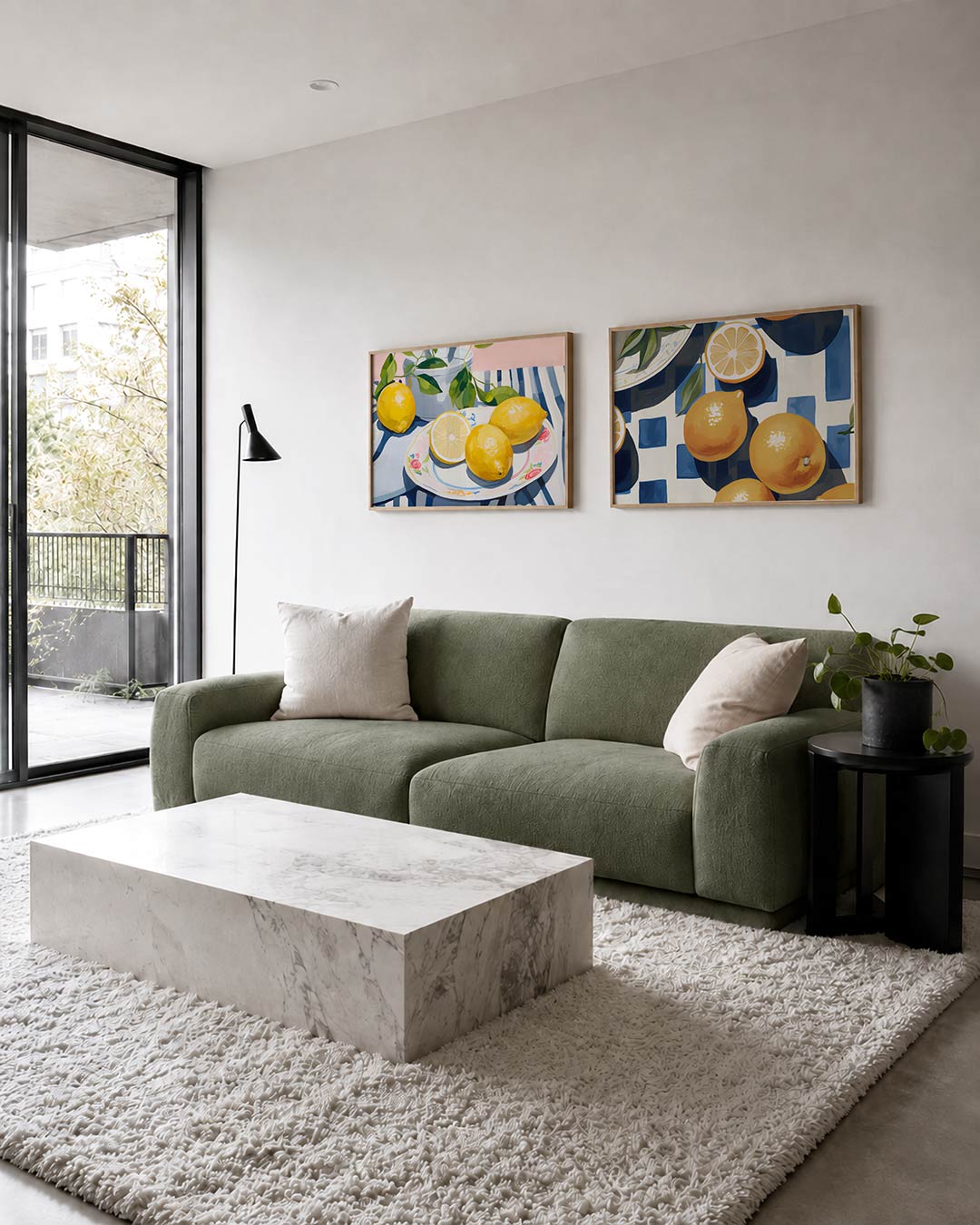 Twee liggende posters met gele citroenen op een decoratief bord, aan de muur in een interieur