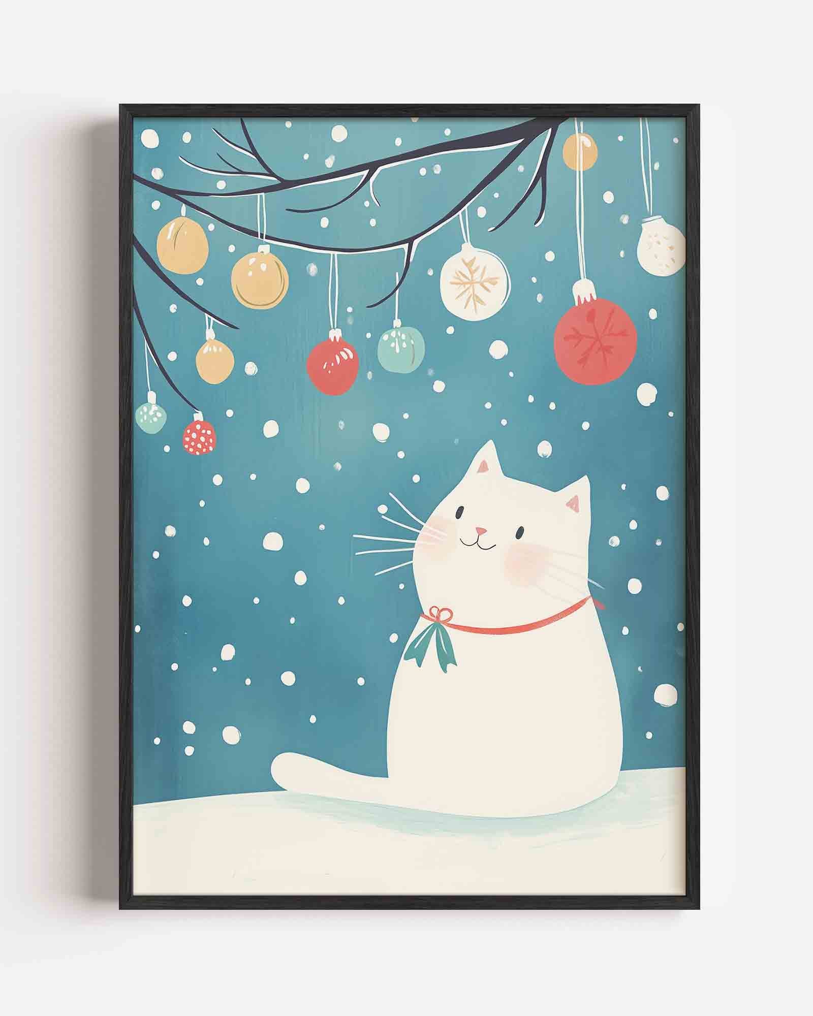 Witte kat met kerstballen Poster