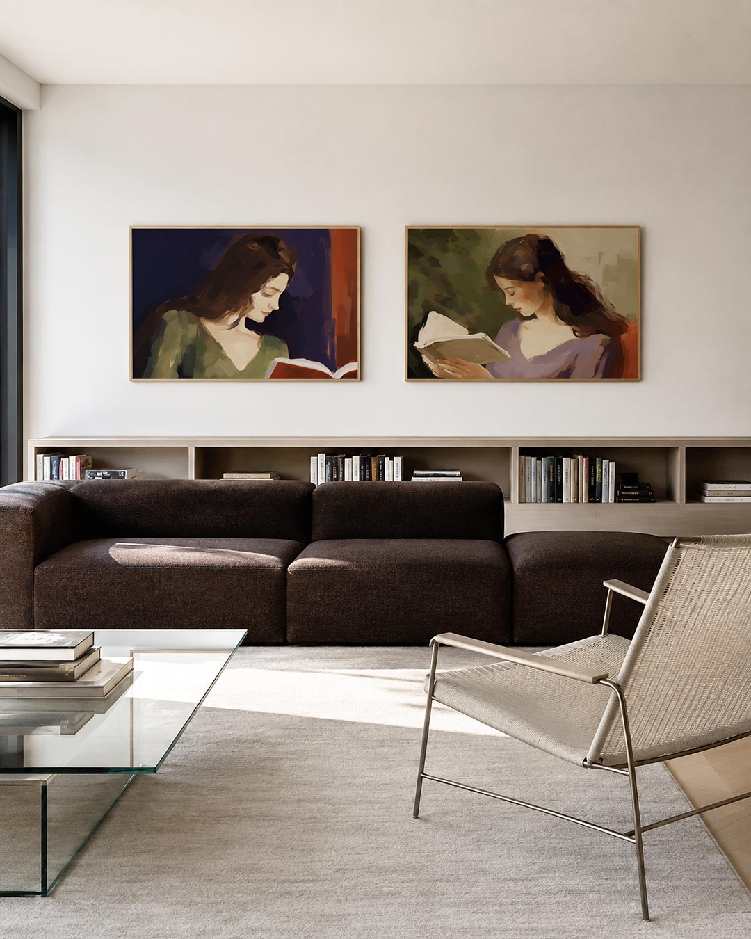 Tweedelige posterset met een vrouw met een boek, omgeven door zachte penseelstreken in warme tinten, getoond in een interieur