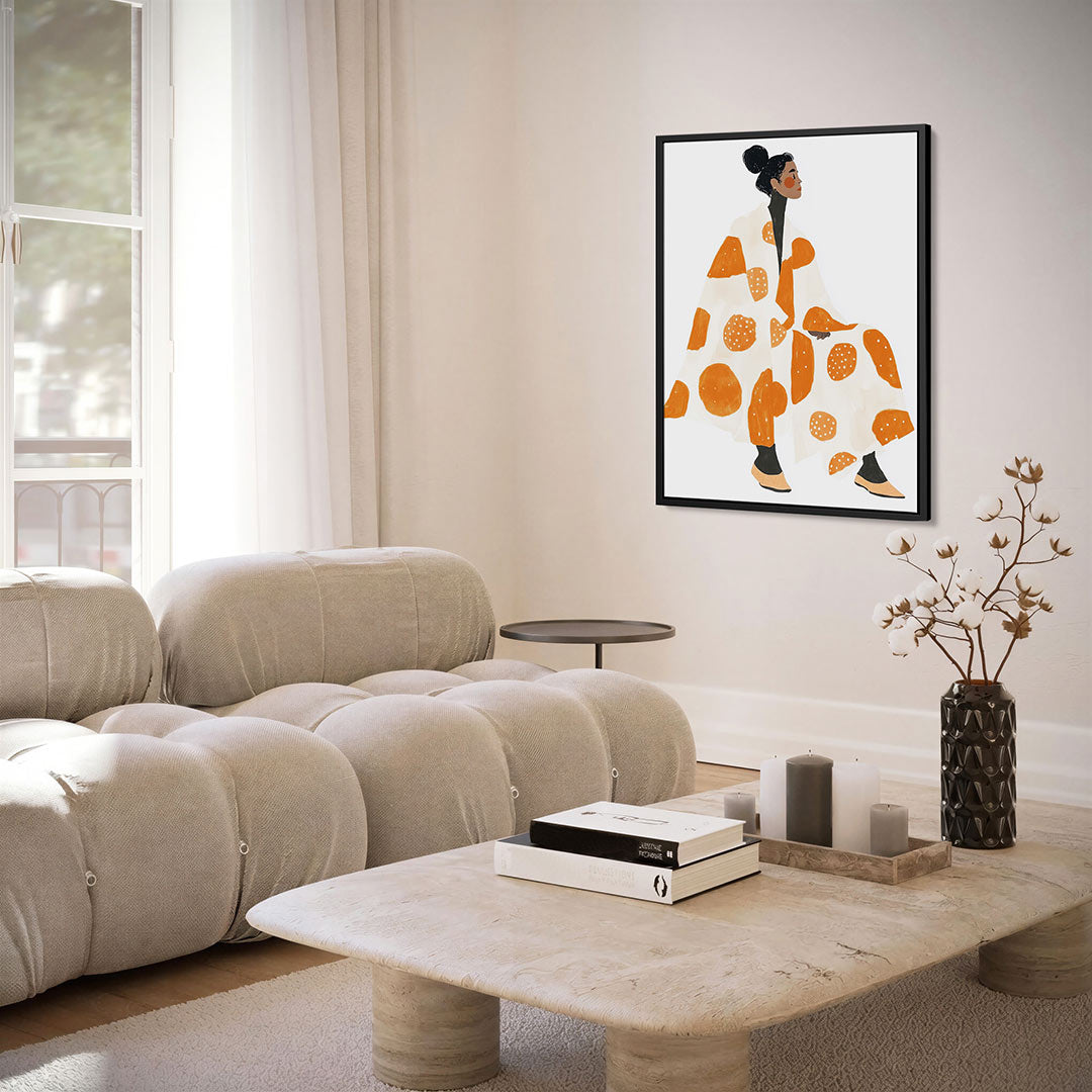 Vrouw in oranje patronen Kunstwerk