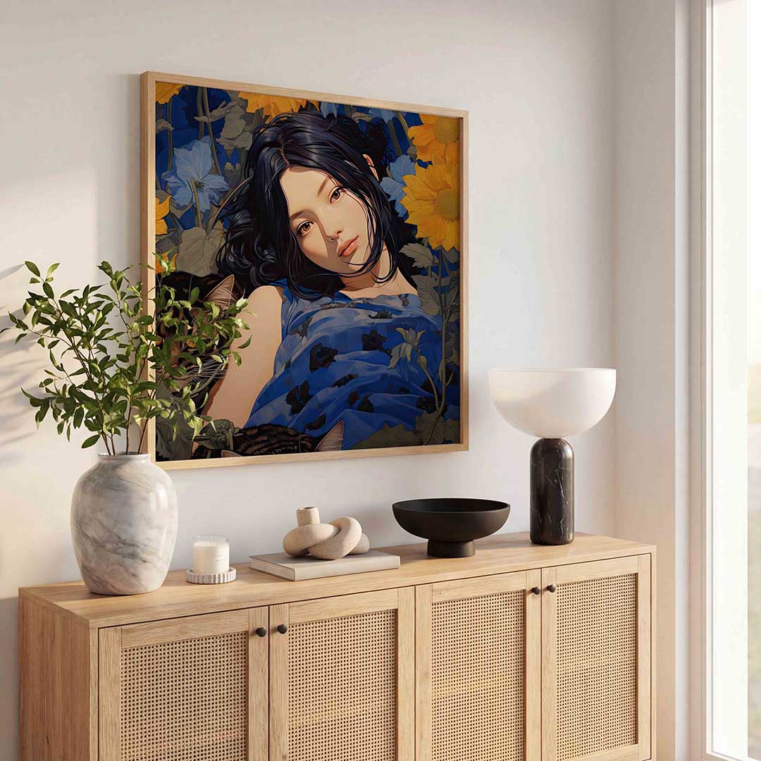 Vrouw met katten en bloemen Poster