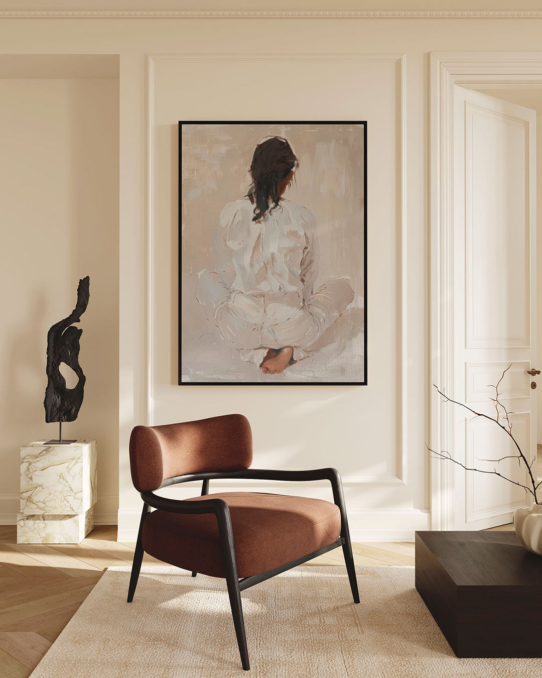 Zittende vrouw rugaanzicht Kunstwerk