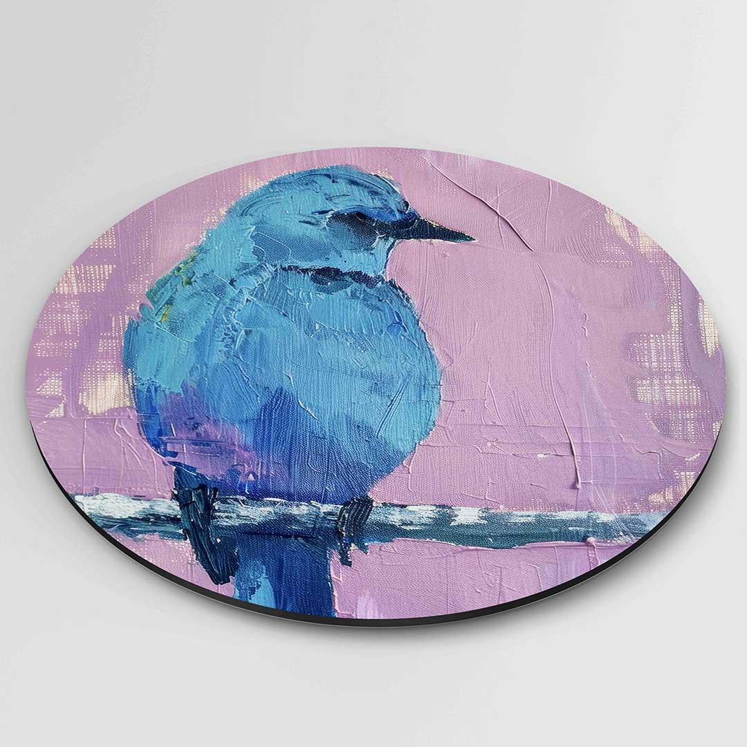 Blauwe vogel op paarse achtergrond Muurcirkel