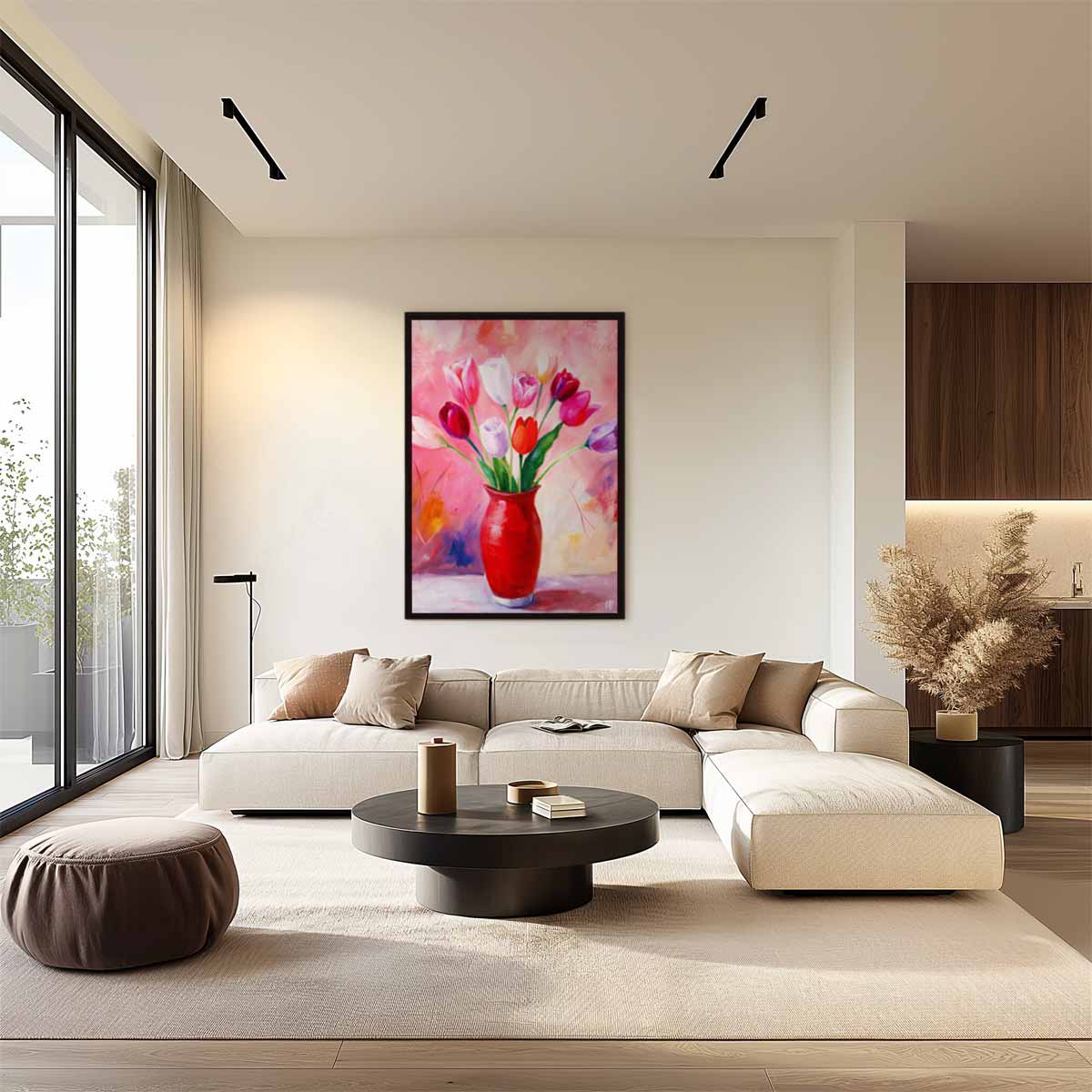 Kleurrijke Tulpen in Rode Vaas Kunstwerk-canvas-dibond-plexiglas-wanddecoratie-WallArtistic