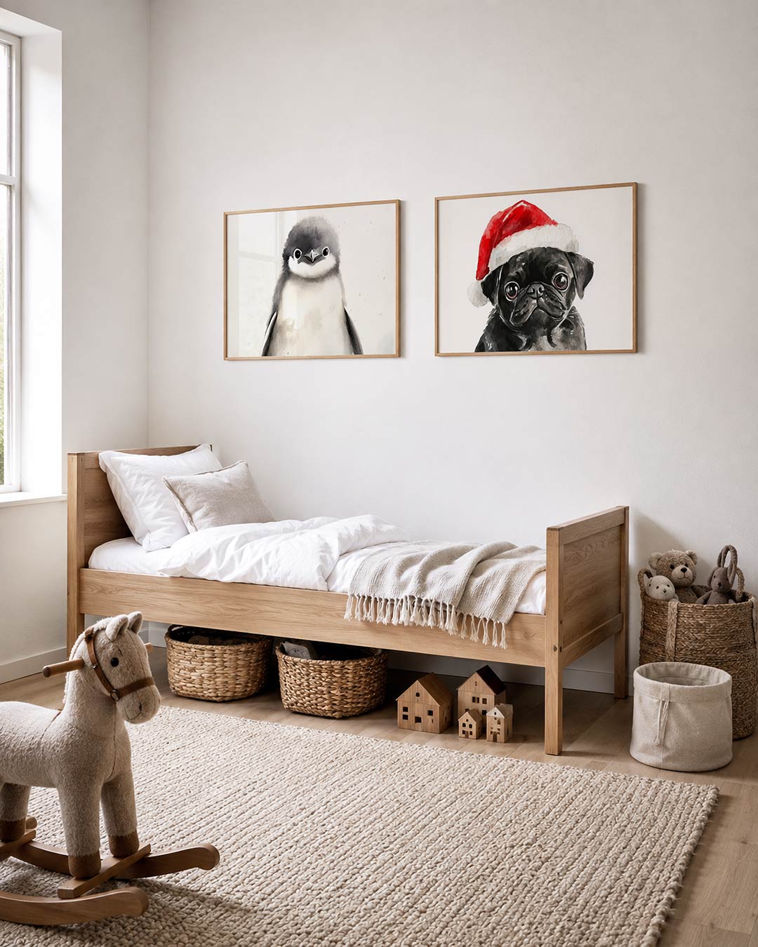 Tweedelige posterset met een schattige pinguïn met zachte grijze en witte tinten, getoond in een interieur