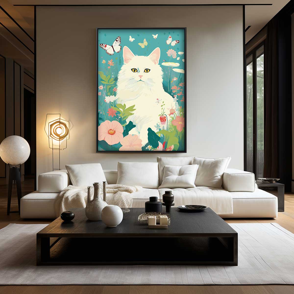 Kunstwerk: Verträumte Katze im Blumengarten