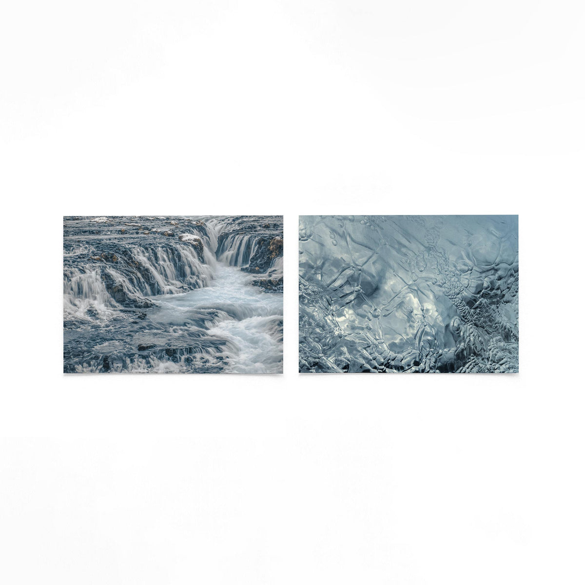 Productfoto van twee liggende posters met waterval en ijsglas – Gerald Emming