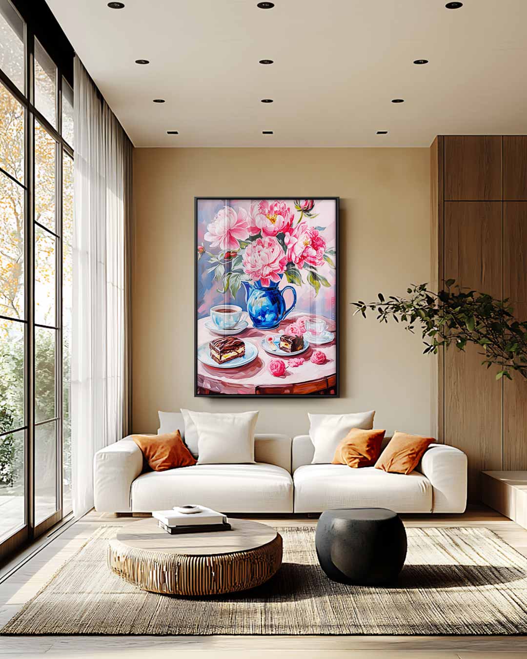 Bloemrijke koffie moment Kunstwerk-canvas-dibond-plexiglas-wanddecoratie-WallArtistic