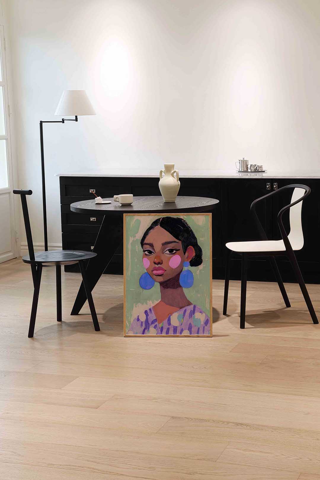 Vrouw met blauwe oorbellen Poster