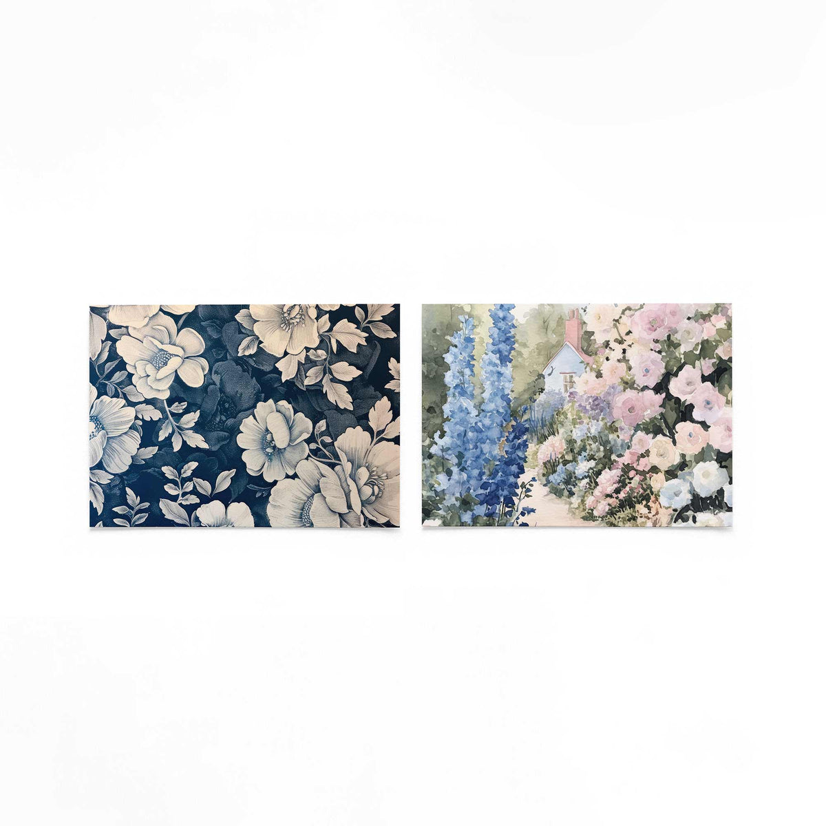 Twee liggende posters met een weelderige verzameling van bloemen en bladeren op een gebroken witte achtergrond