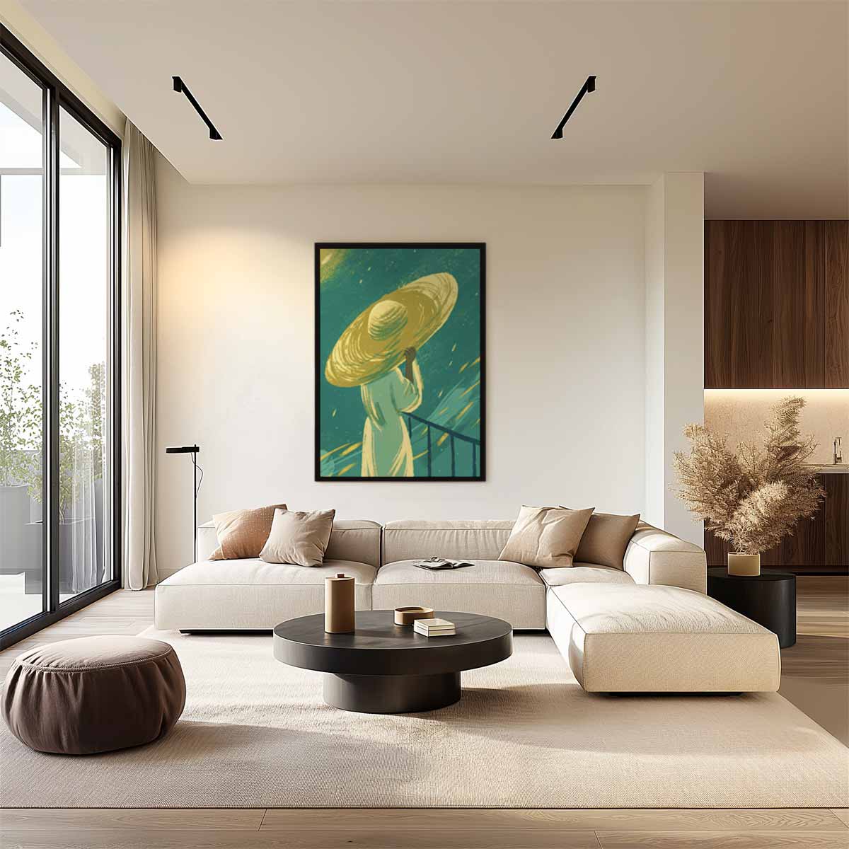 Vrouw met Gele Hoed in de Wind Kunstwerk-canvas-dibond-plexiglas-wanddecoratie-WallArtistic
