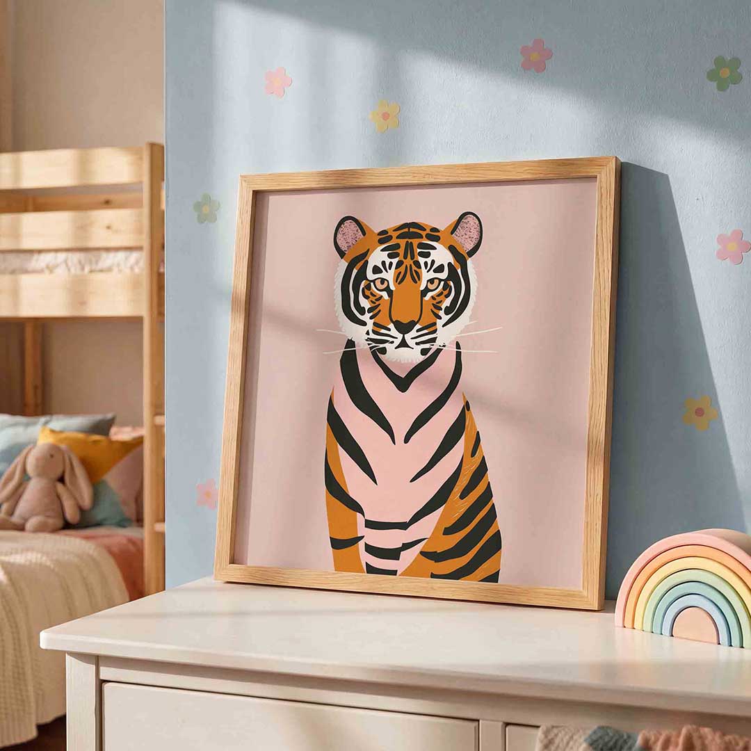 Tijger op roze achtergrond Poster