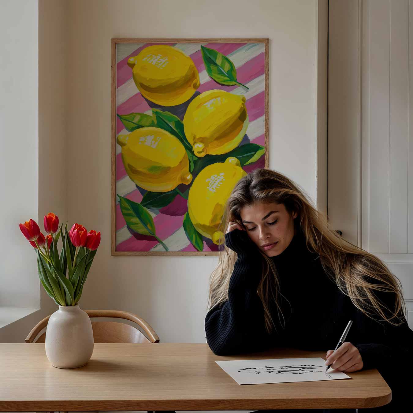 Vrolijke Citroenen op Roze Strepen Poster-WallArtistic