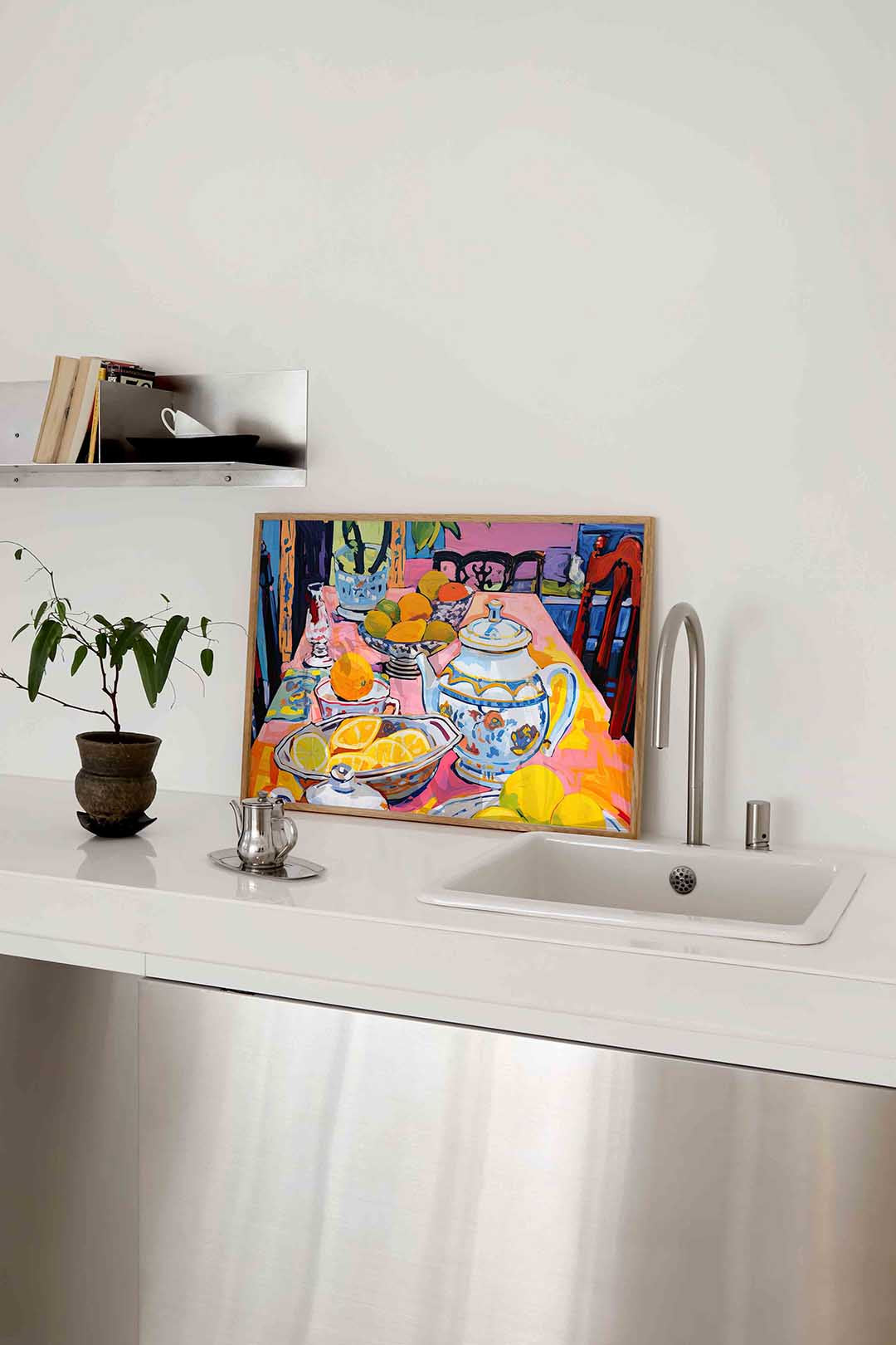 Fruit en theepot op tafel Poster