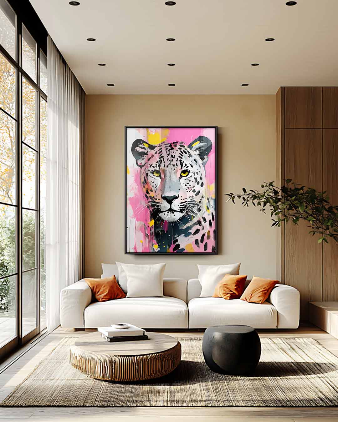 Kleurrijke Luipaard Expressie Kunstwerk-canvas-dibond-plexiglas-wanddecoratie-WallArtistic