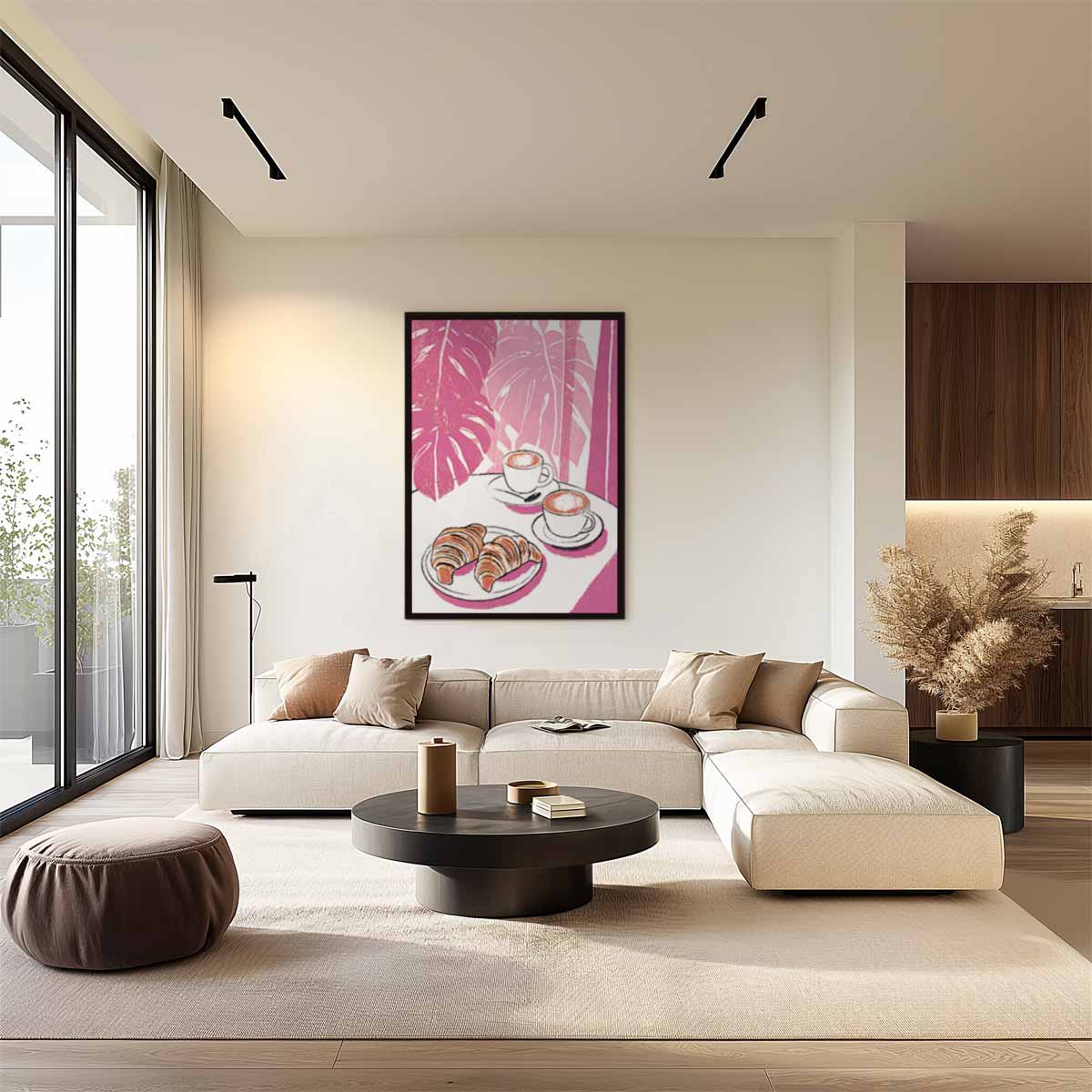 Koffie en Croissants in Roze Oase Kunstwerk-canvas-dibond-plexiglas-wanddecoratie-WallArtistic