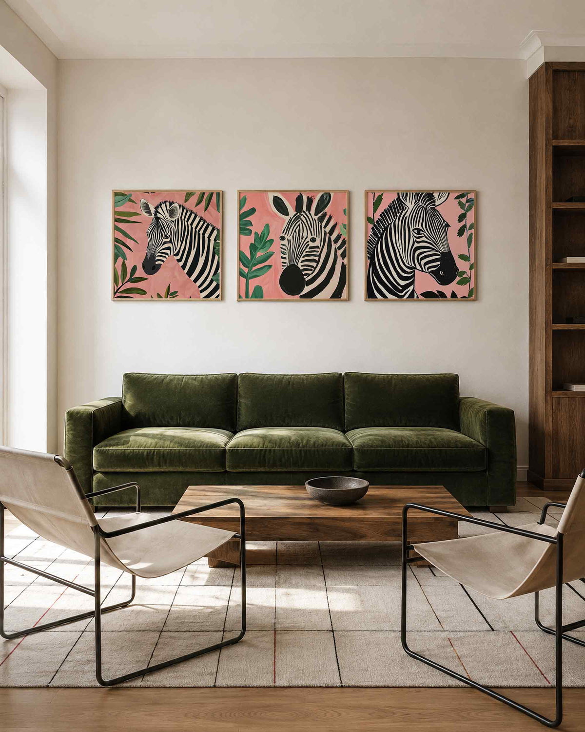 Interieurpresentatie van een driedelige vierkante posterset met zebra portretten