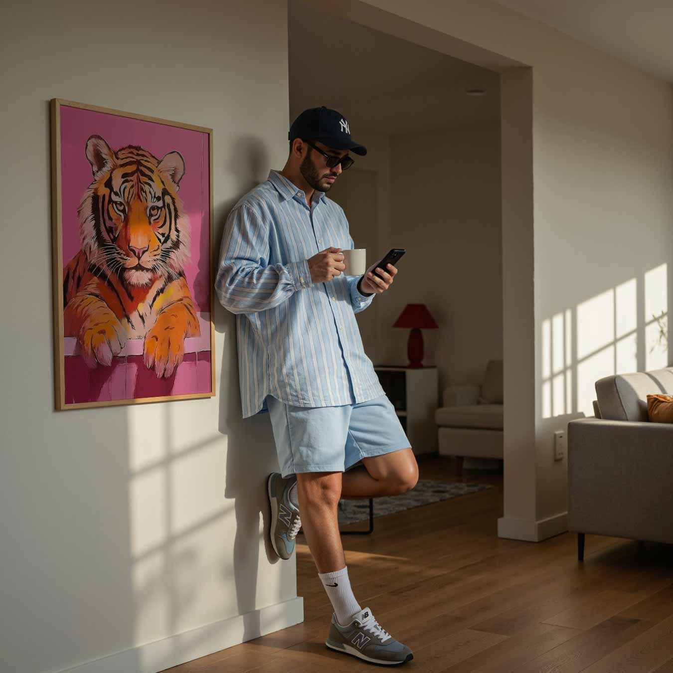 Exotische Tijger in Stijlvolle Roze Badkamer Poster-WallArtistic