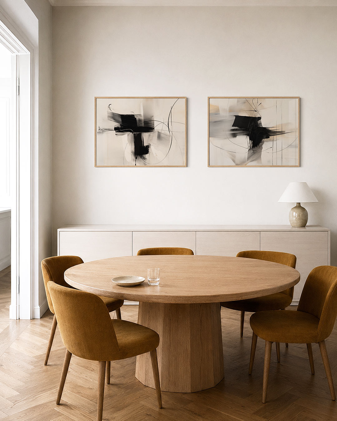 Interieurpresentatie van twee posters met deze compositie speelt met krachtige zwarte penseelstreken en vloeiende lijnen