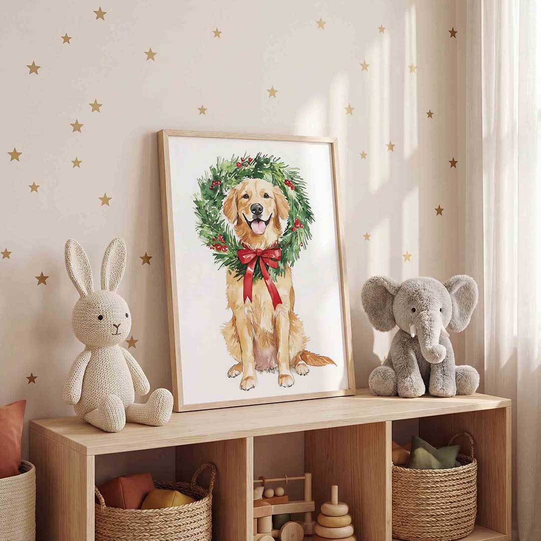 Hond met kerstkrans Poster