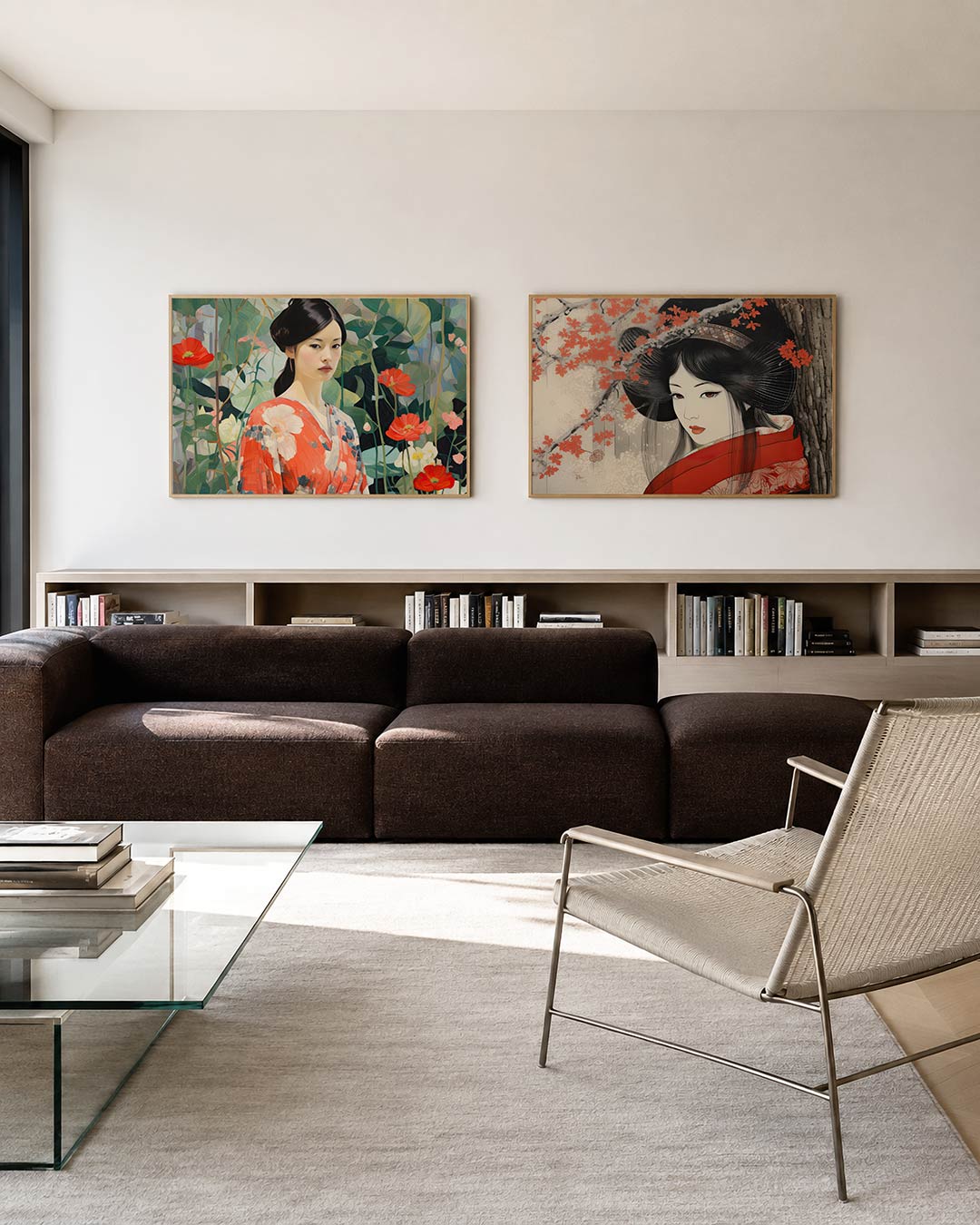Interieurbeeld met twee liggende posters: een vrouw in een kleurrijke kimono, omringd door rode bloemen en groene bladeren