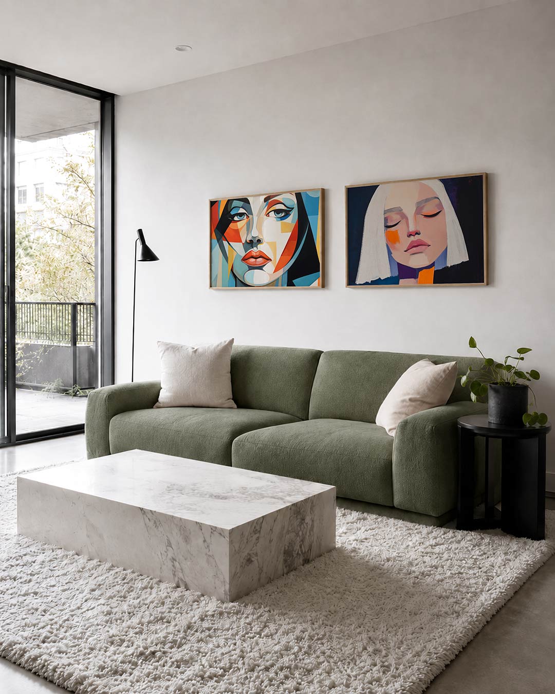 Twee liggende posters met een gezicht opgebouwd uit kleurrijke vlakken en lijnen, aan de muur in een interieur