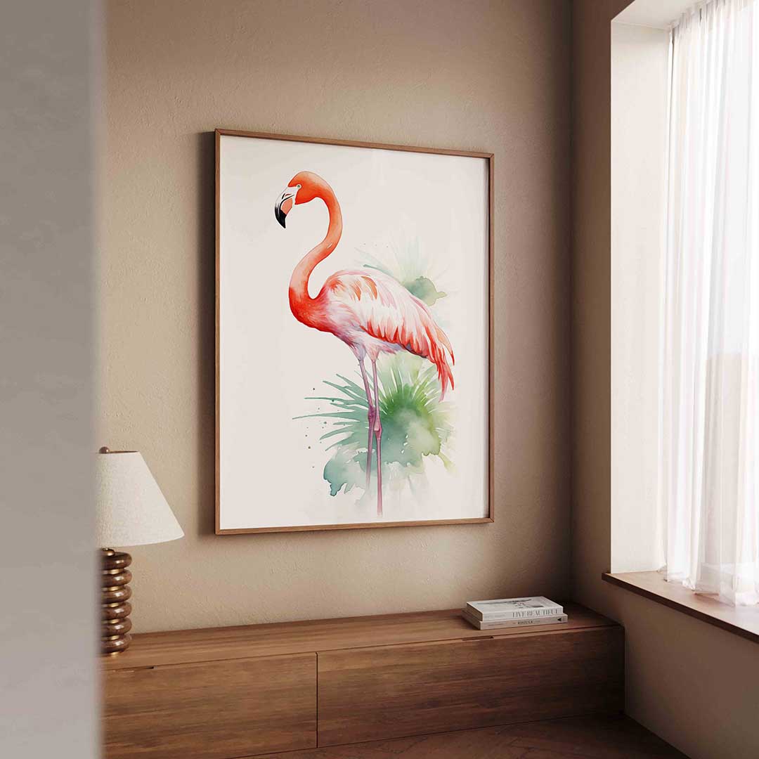 Flamingo met groene bladeren Poster
