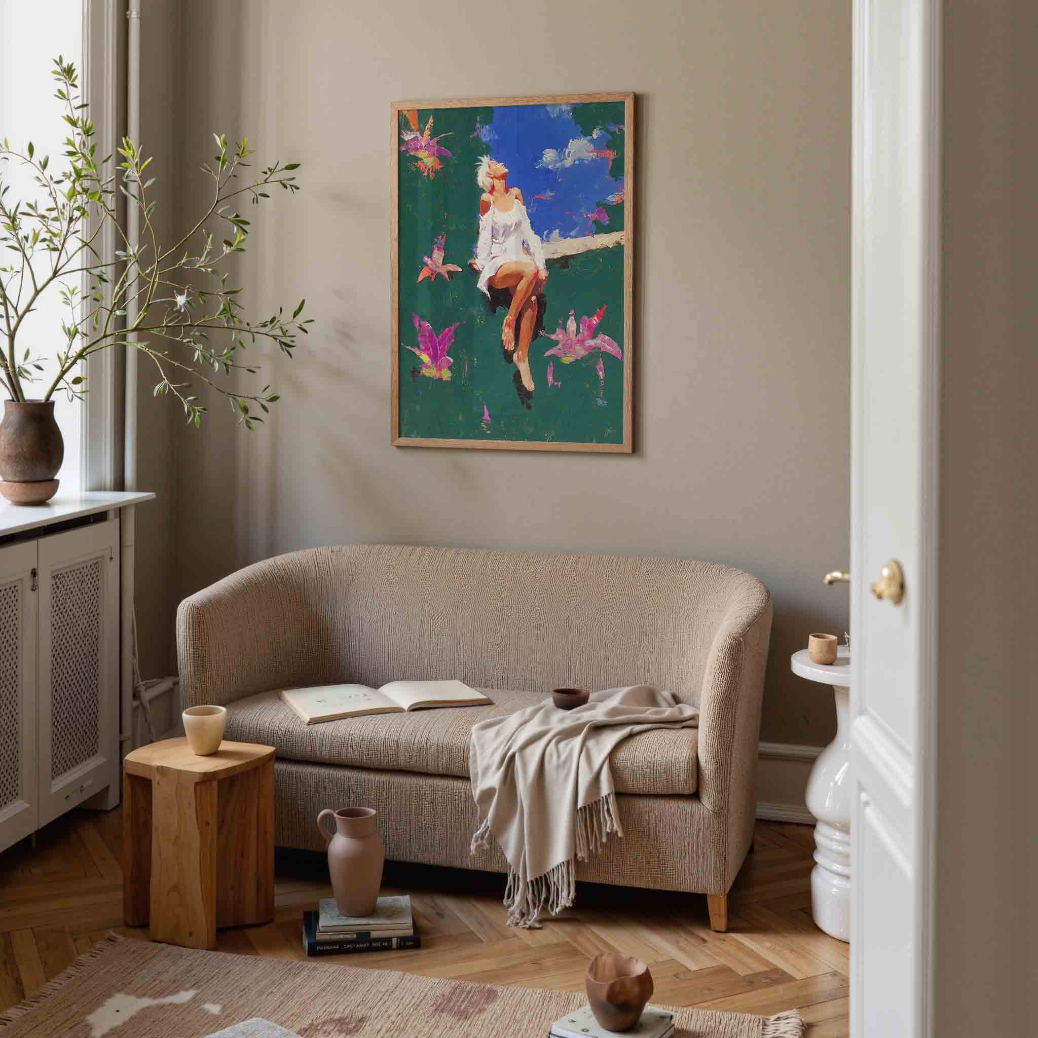 Vrouw in witte jurk Poster