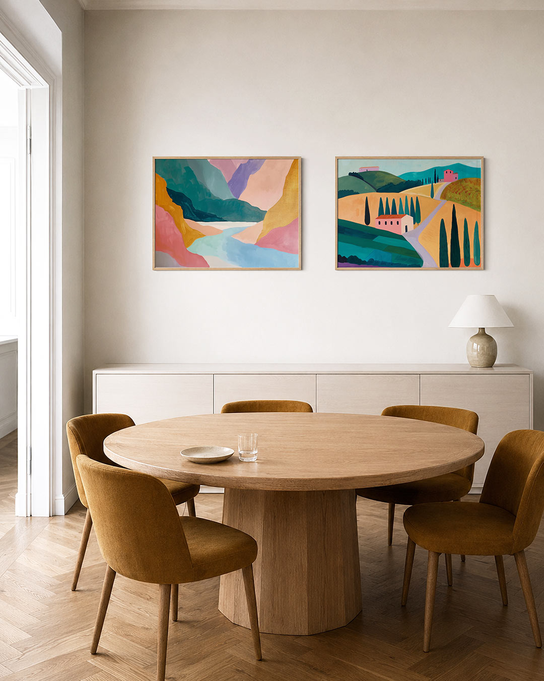 Interieurpresentatie van twee posters met zachte kleurvlakken