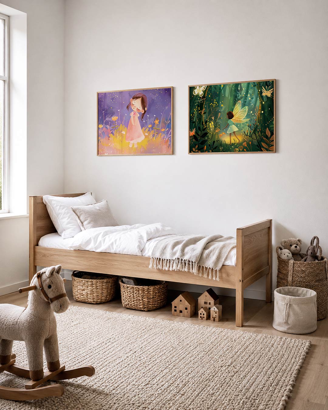 Twee liggende posters met een meisje in een roze jurk tussen kleurrijke bloemen, aan de muur in een interieur