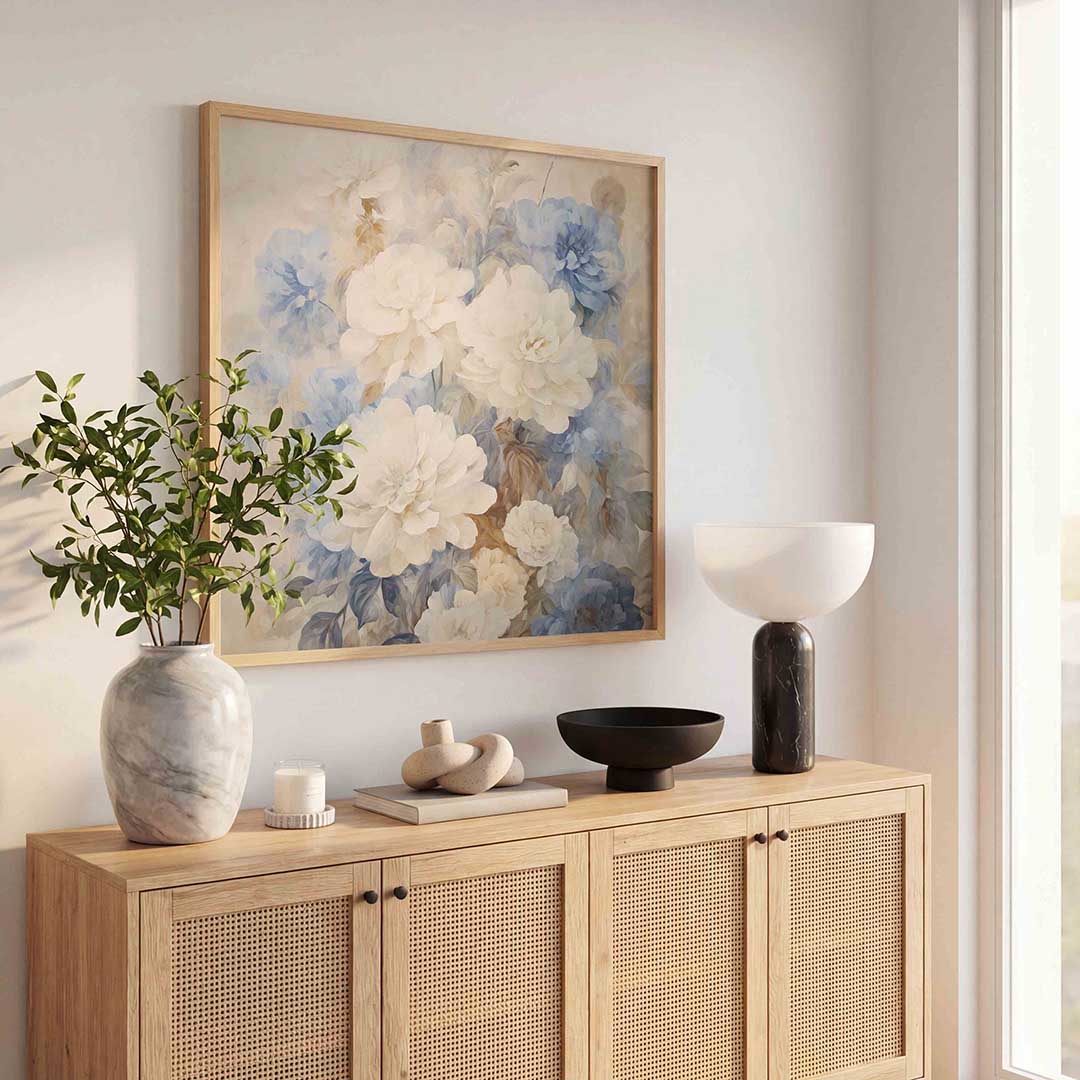 Bloemen in blauw en beige Poster