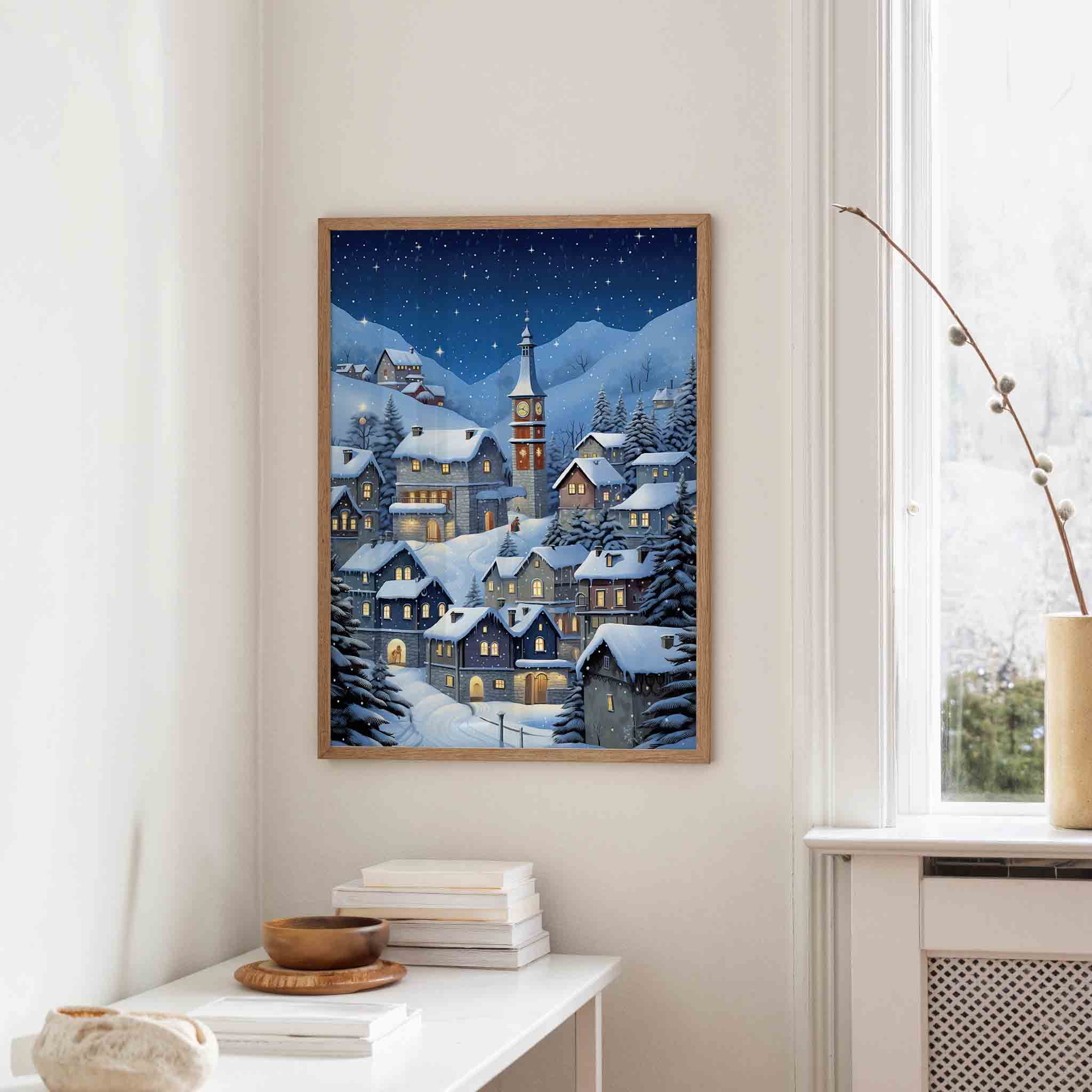 Sneeuwlandschap met huizen Poster