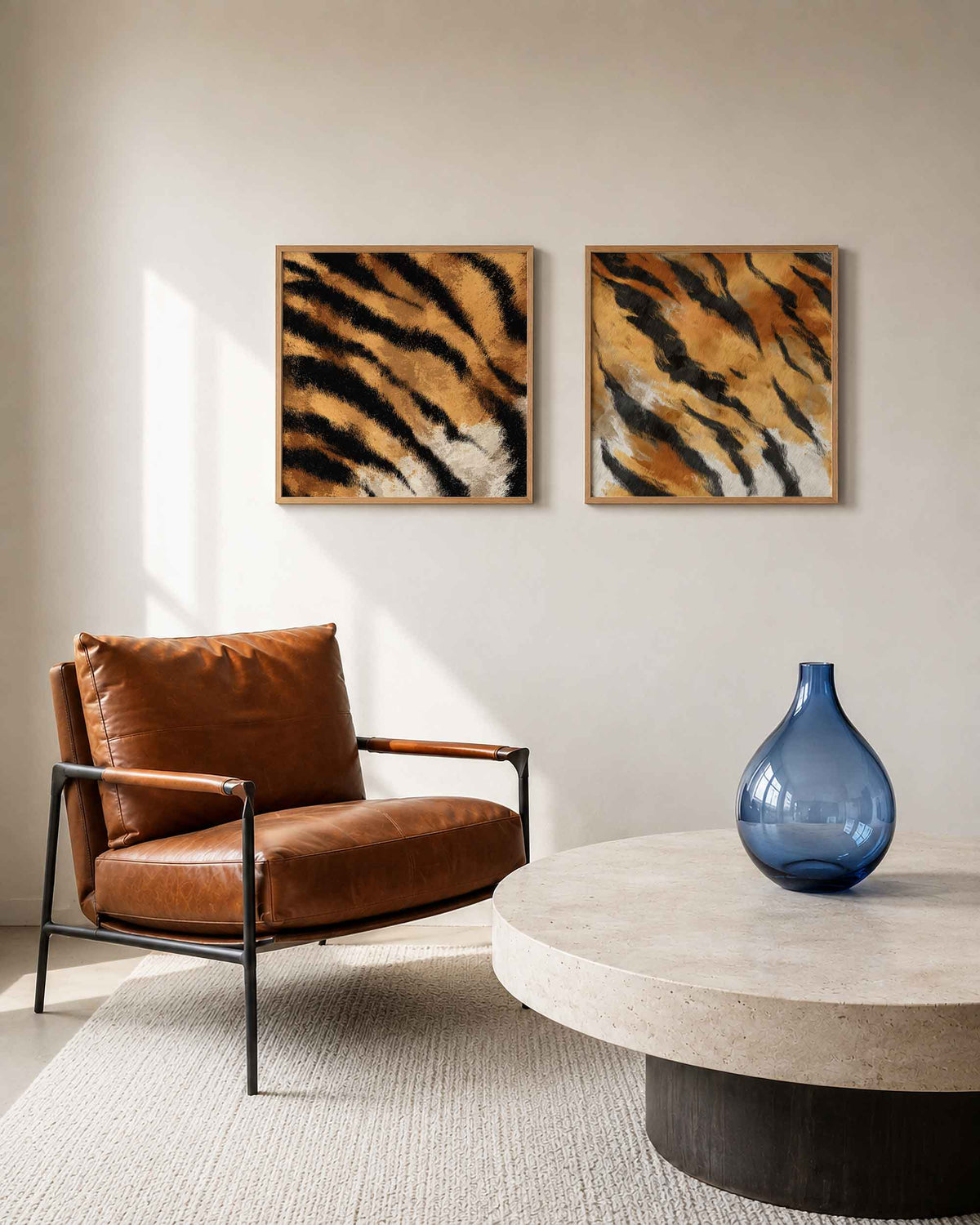 Interieurpresentatie van een tweedelige vierkante posterset met tijgerstrepen