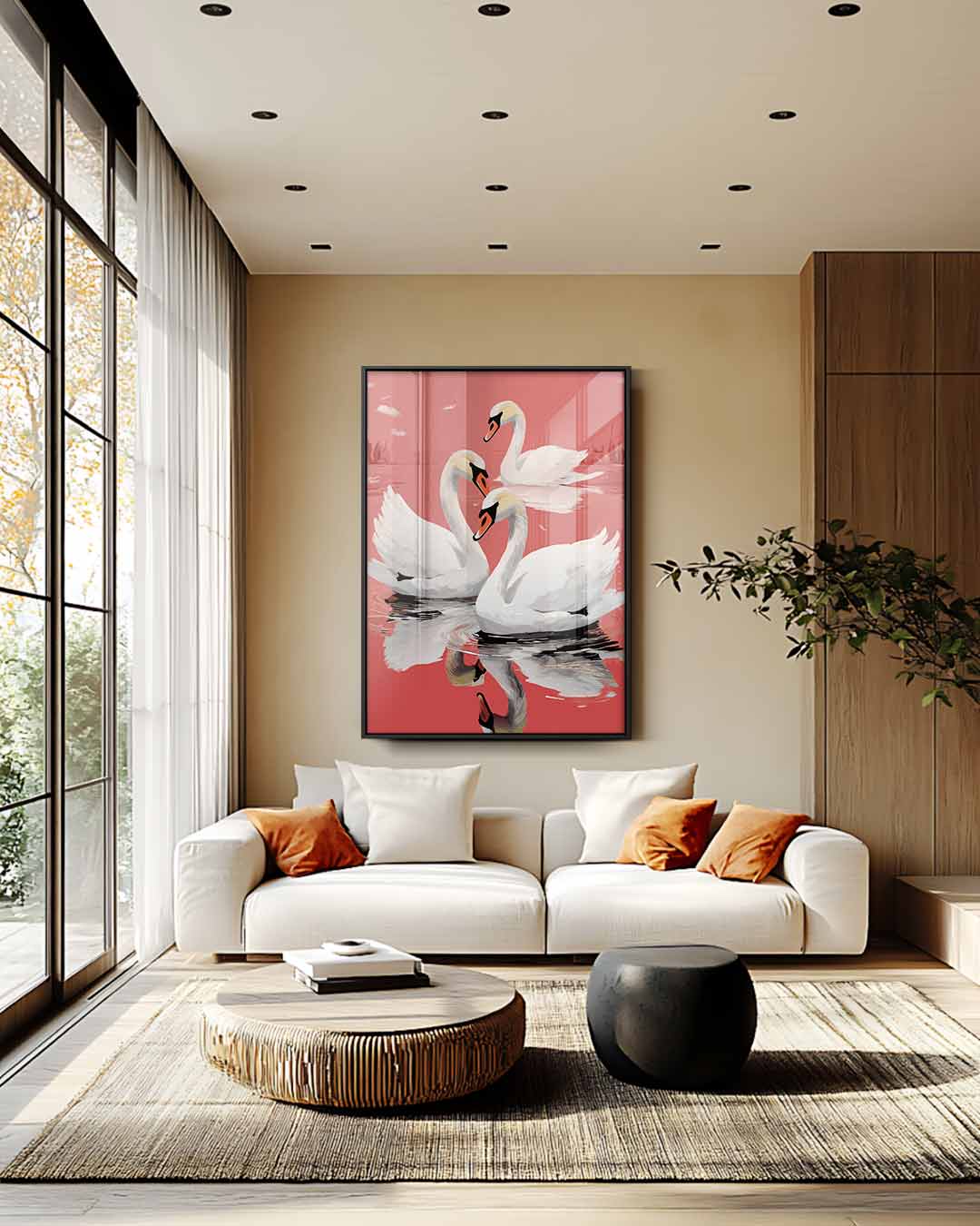 Elegante Zwanen in Rustig Water Kunstwerk-canvas-dibond-plexiglas-wanddecoratie-WallArtistic