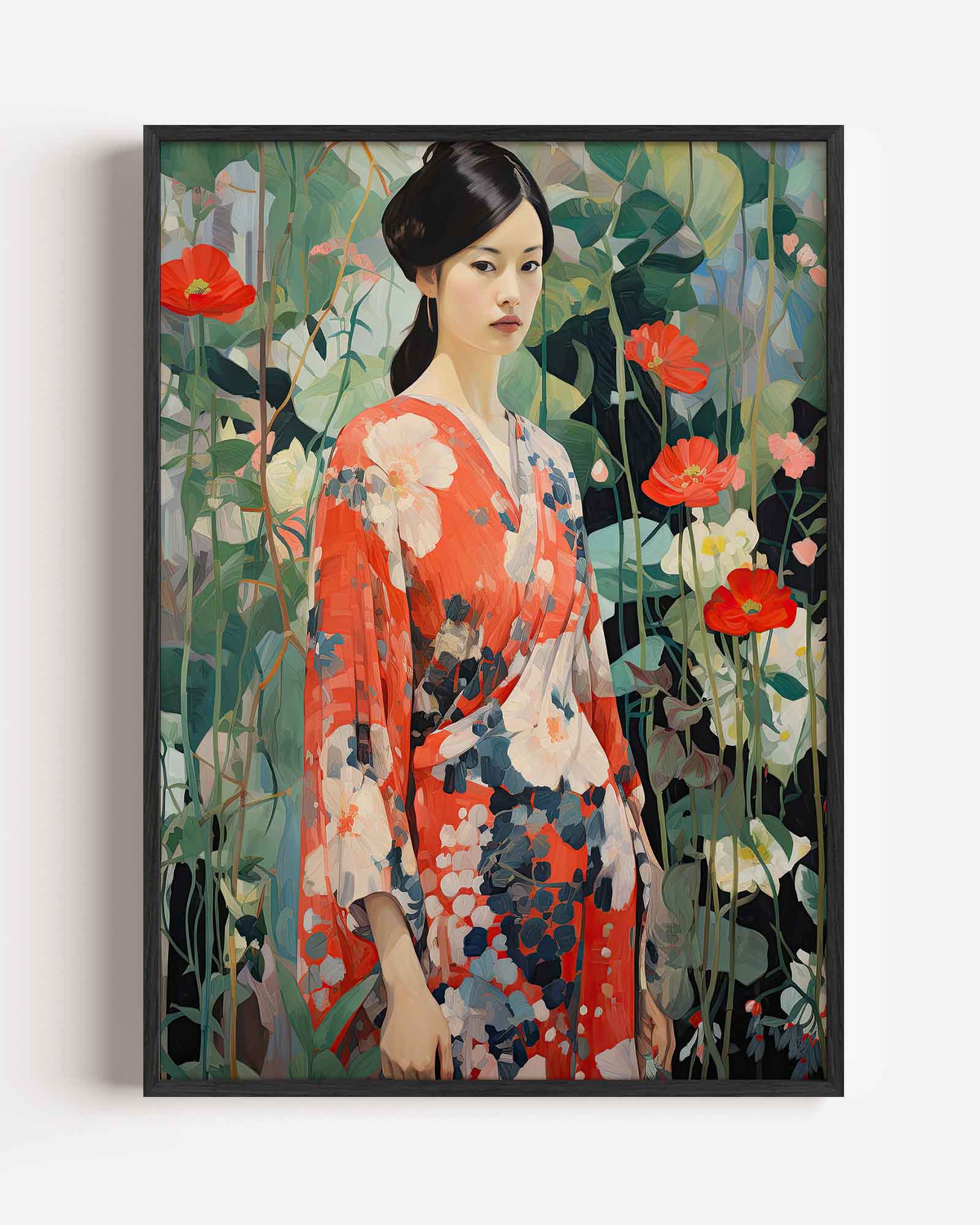 Vrouw in kimono met bloemen Poster