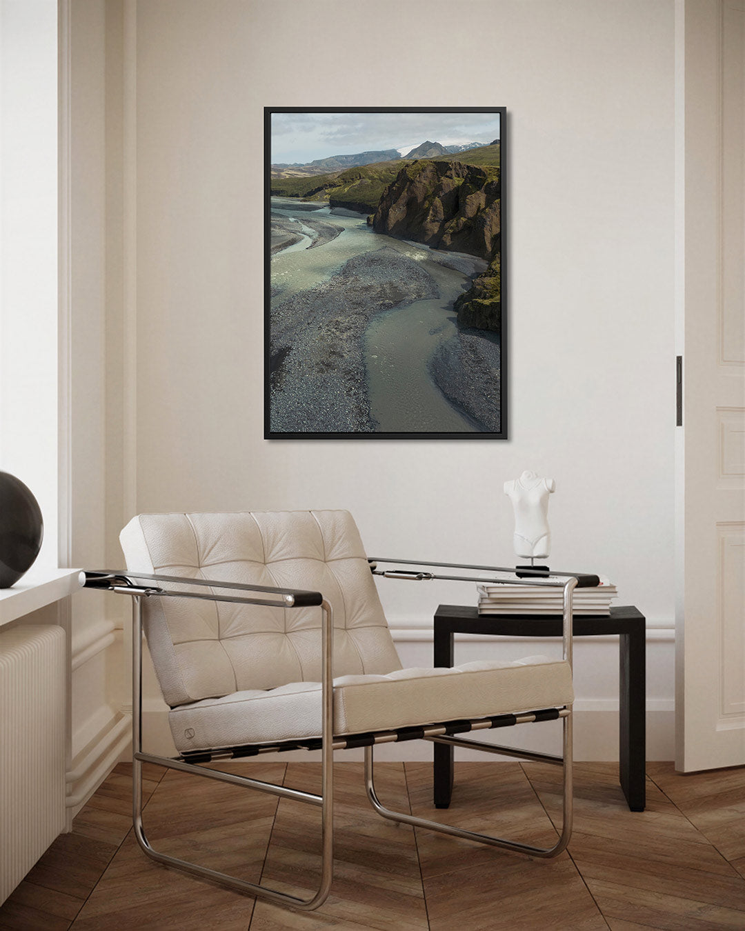 Rivierlandschap met bergen Kunstwerk