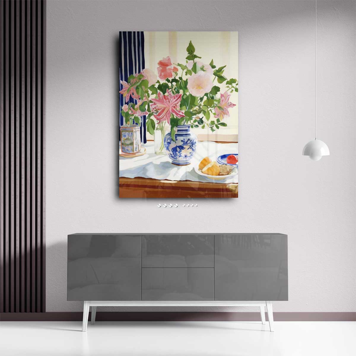 Bloemenpracht in Blauw-Witte Vaas Kunstwerk-canvas-dibond-plexiglas-wanddecoratie-WallArtistic