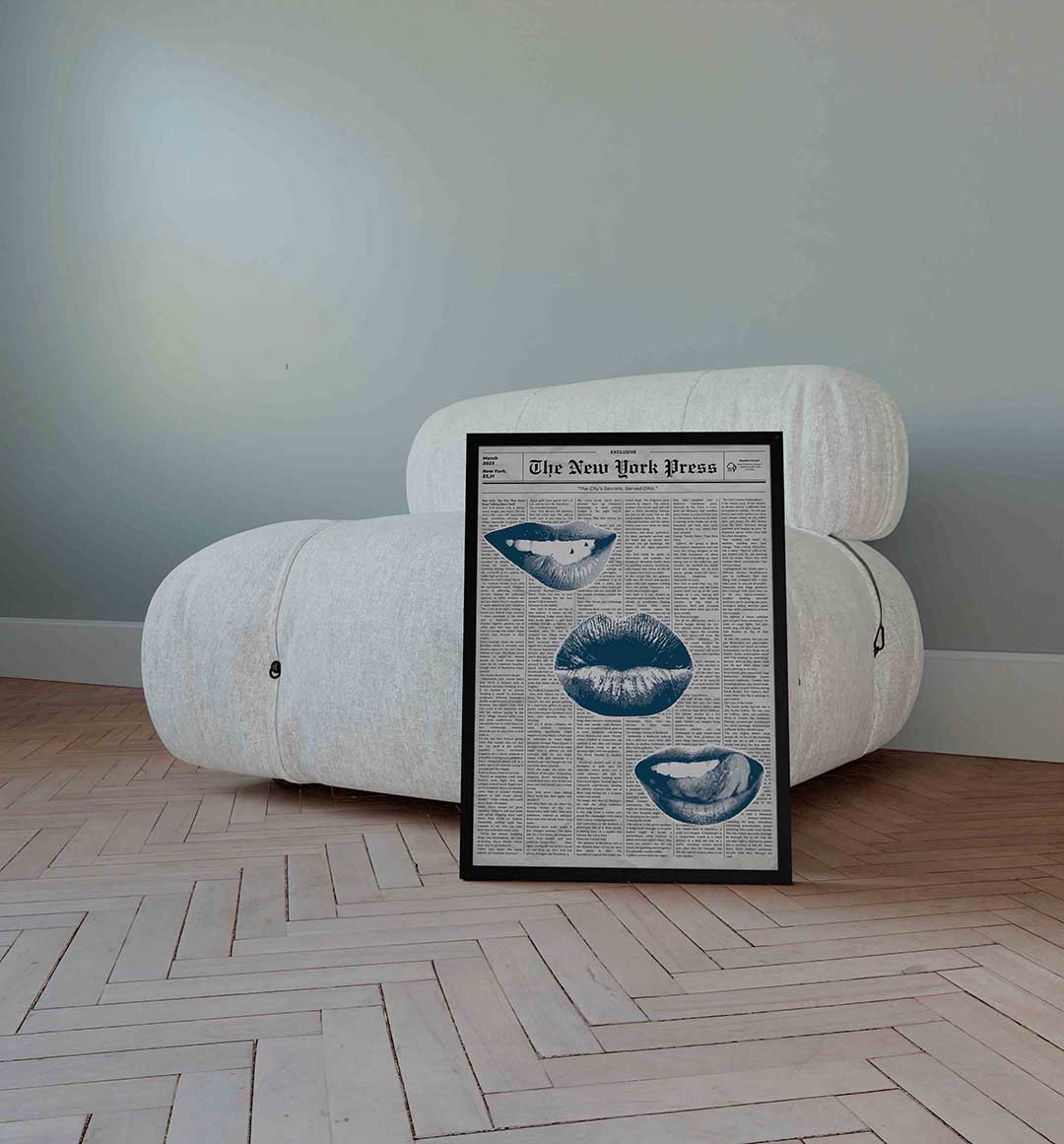 Blauwe lippen op krantenachtergrond Poster