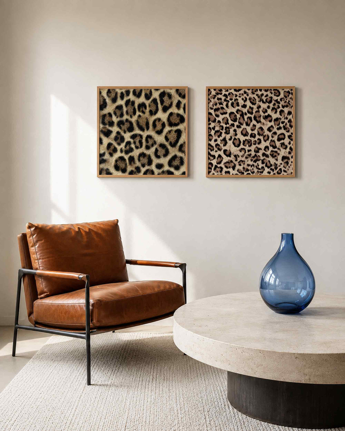 Interieurpresentatie van een tweedelige vierkante posterset met luipaardvacht