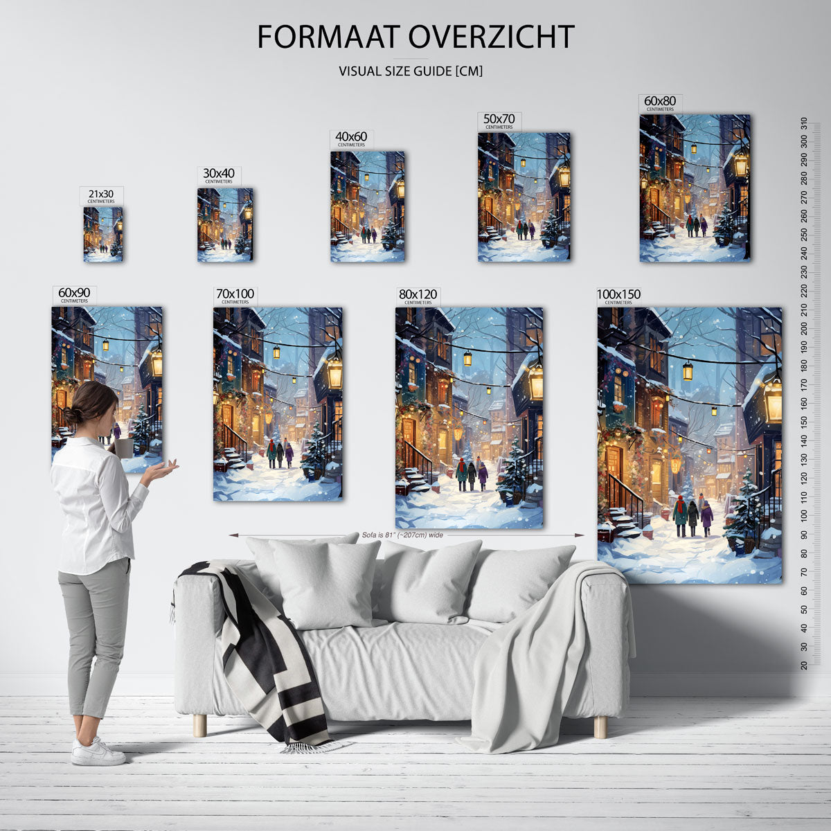 Winterse straat met lantaarns Poster