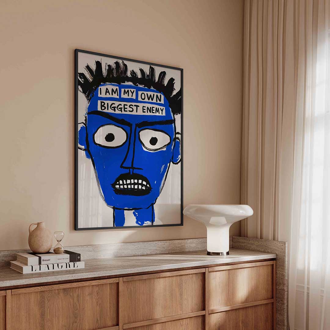 Blauw gezicht met tekst Poster