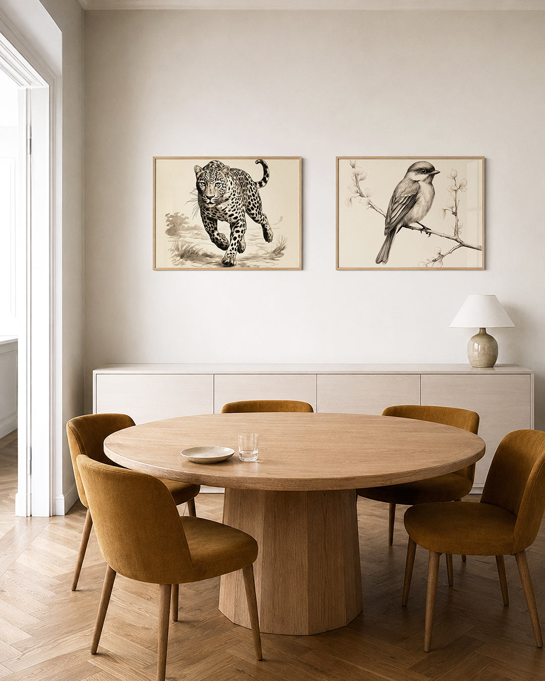 Twee liggende posters met een krachtige jaguar in beweging, aan de muur in een interieur